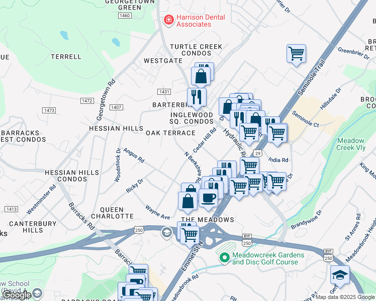 map of restaurants, bars, coffee shops, grocery stores, and more near 2302 North Berkshire Road in Charlottesville