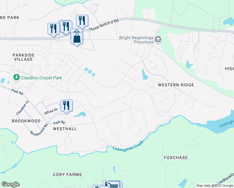 map of restaurants, bars, coffee shops, grocery stores, and more near 5424 Cardinal Crest Court in Crozet
