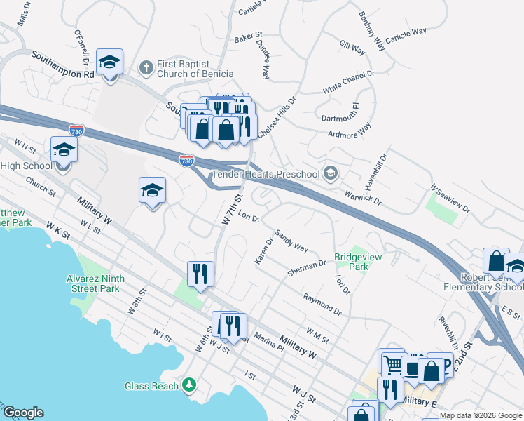 map of restaurants, bars, coffee shops, grocery stores, and more near 557 Sandy Way in Benicia