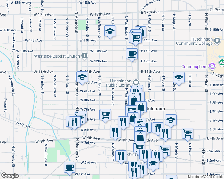 map of restaurants, bars, coffee shops, grocery stores, and more near 119 West 9th Avenue in Hutchinson