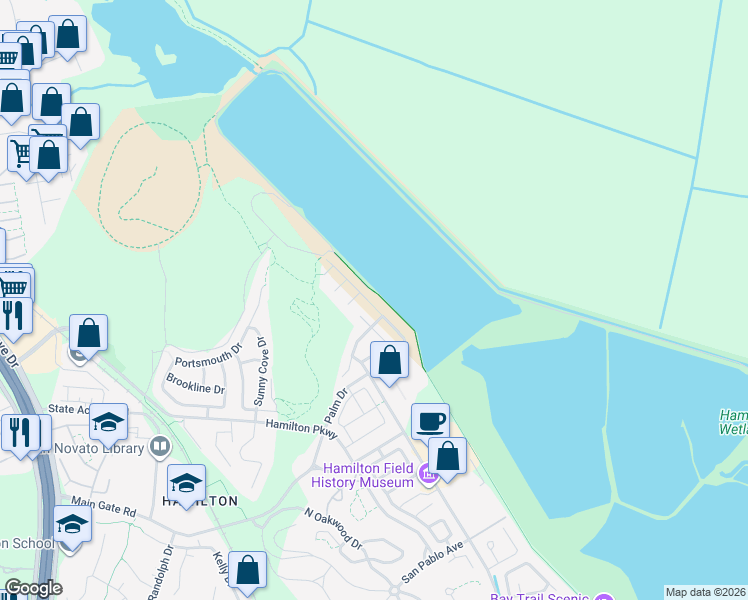 map of restaurants, bars, coffee shops, grocery stores, and more near 18 Altamira Court in Novato