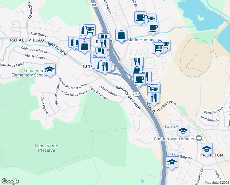 map of restaurants, bars, coffee shops, grocery stores, and more near 439 Via Herbosa in Novato