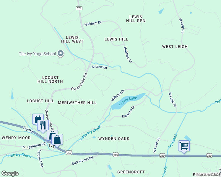 map of restaurants, bars, coffee shops, grocery stores, and more near 2500 Kimbrough Circle in Charlottesville