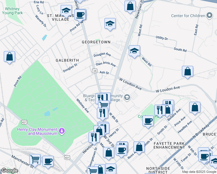 map of restaurants, bars, coffee shops, grocery stores, and more near 528 1/2 Bright Avenue in Lexington