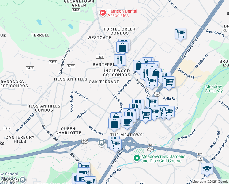 map of restaurants, bars, coffee shops, grocery stores, and more near 2302 North Berkshire Road in Charlottesville