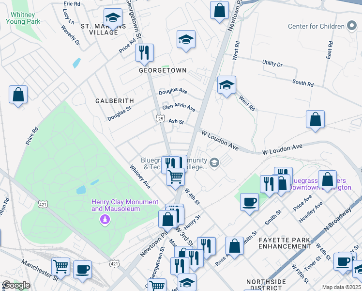 map of restaurants, bars, coffee shops, grocery stores, and more near 530 Michigan Street in Lexington