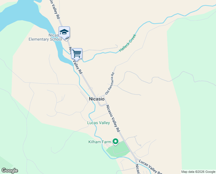 map of restaurants, bars, coffee shops, grocery stores, and more near 49 Old Rancheria Road in Nicasio