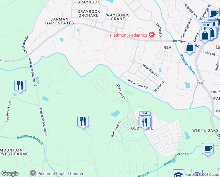 map of restaurants, bars, coffee shops, grocery stores, and more near 6623 Woodbourne Lane in Crozet