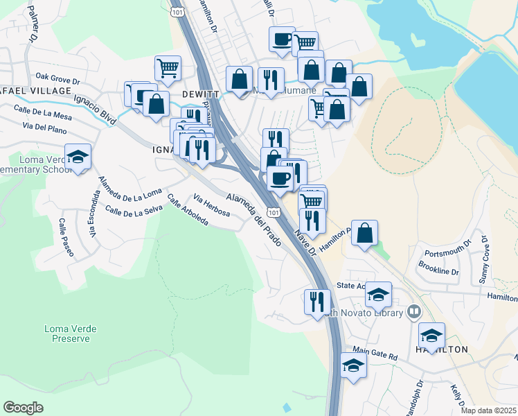 map of restaurants, bars, coffee shops, grocery stores, and more near 380 Alameda del Prado in Novato