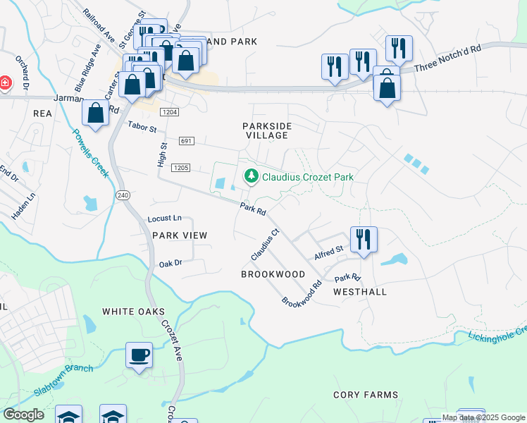 map of restaurants, bars, coffee shops, grocery stores, and more near 5601-5619 County Road 1204 in Crozet