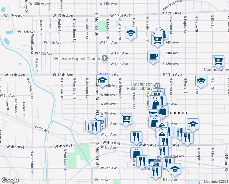 map of restaurants, bars, coffee shops, grocery stores, and more near 319CW West 9th Avenue in Hutchinson