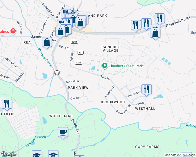 map of restaurants, bars, coffee shops, grocery stores, and more near 5685 Park Rd in Crozet