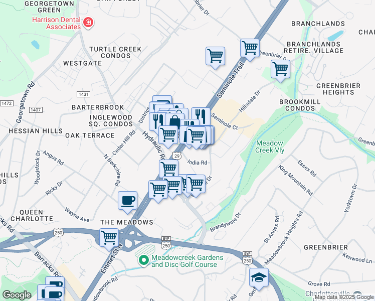 map of restaurants, bars, coffee shops, grocery stores, and more near 977 Seminole Trail in Charlottesville