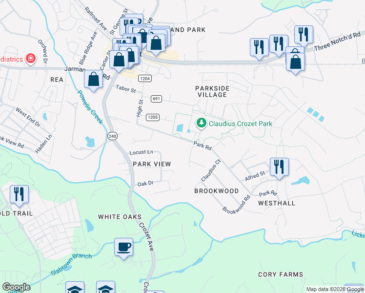 map of restaurants, bars, coffee shops, grocery stores, and more near 5685 Park Rd in Crozet