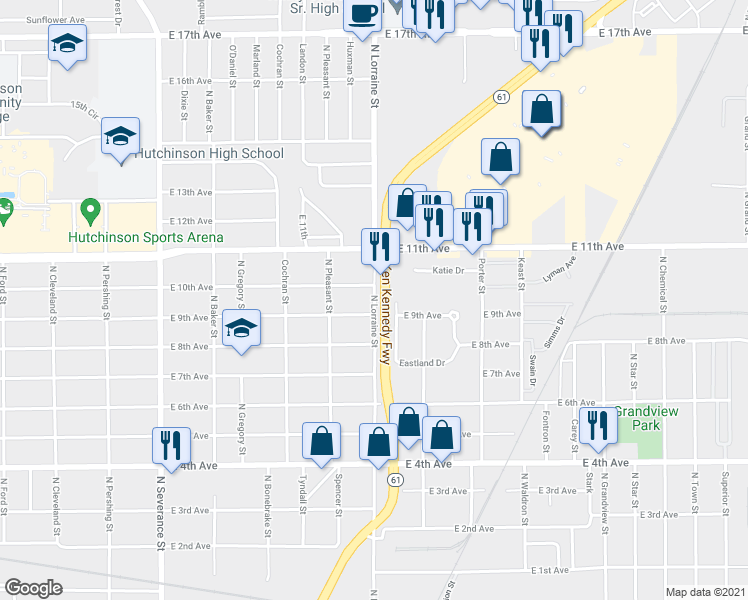 map of restaurants, bars, coffee shops, grocery stores, and more near North Lorraine Street in Hutchinson