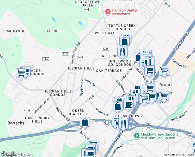 map of restaurants, bars, coffee shops, grocery stores, and more near 1635 Inglewood Drive in Charlottesville