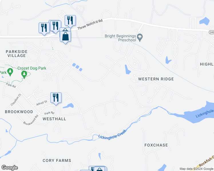 map of restaurants, bars, coffee shops, grocery stores, and more near 5425 Cardinal Crest Court in Crozet