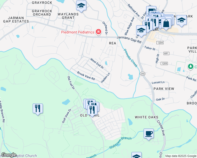map of restaurants, bars, coffee shops, grocery stores, and more near 5141 Brook View Road in Crozet