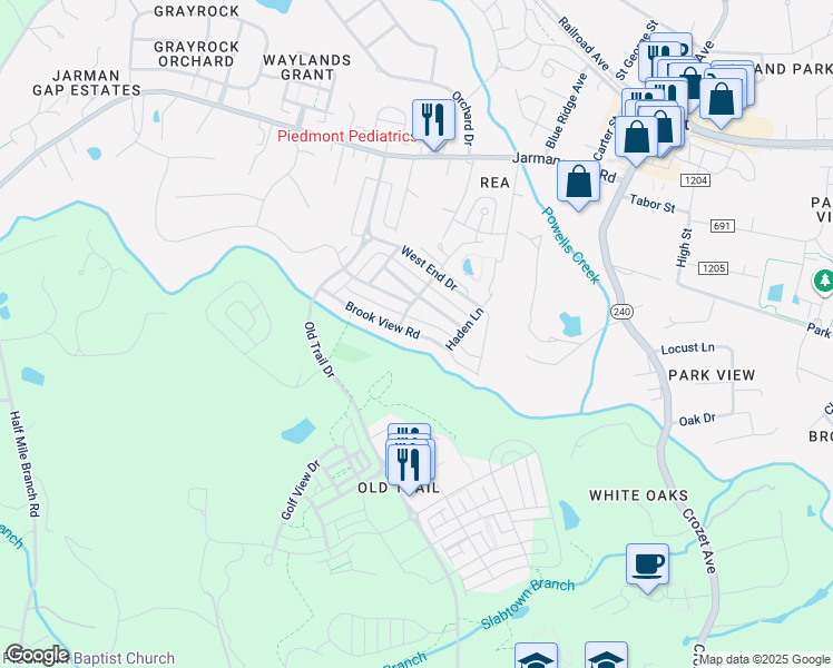 map of restaurants, bars, coffee shops, grocery stores, and more near 5123 Brook View Road in Crozet