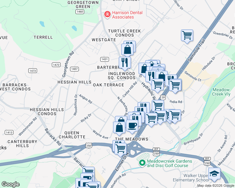 map of restaurants, bars, coffee shops, grocery stores, and more near 2304 North Berkshire Road in Charlottesville