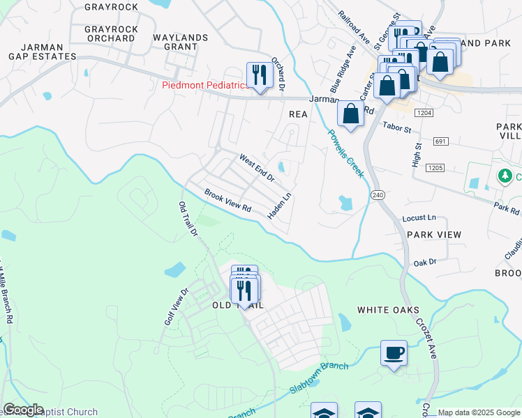 map of restaurants, bars, coffee shops, grocery stores, and more near 5141 Brook View Road in Crozet