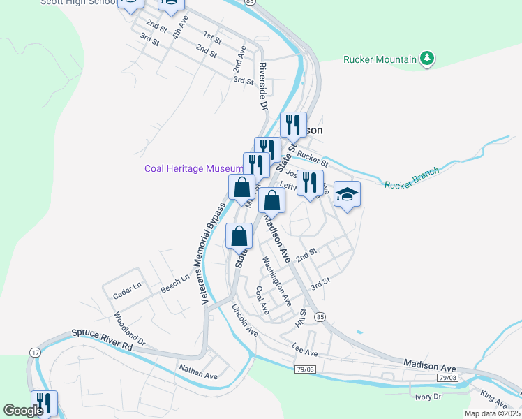 map of restaurants, bars, coffee shops, grocery stores, and more near Blair Mountain Highway in Danville