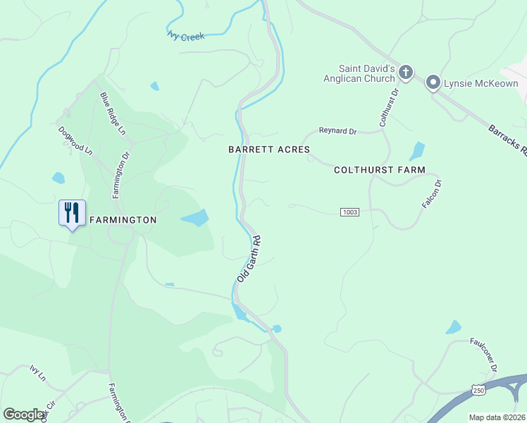 map of restaurants, bars, coffee shops, grocery stores, and more near 945 Old Garth Road in Charlottesville