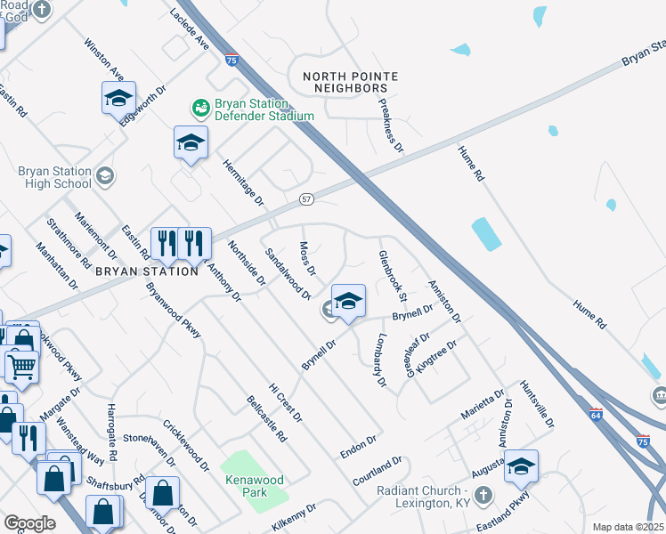 map of restaurants, bars, coffee shops, grocery stores, and more near 511 Sandalwood Drive in Lexington
