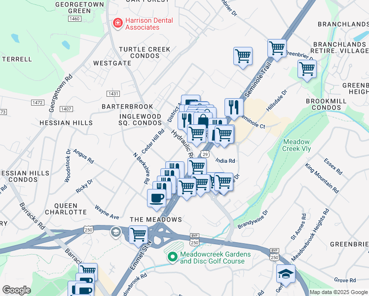 map of restaurants, bars, coffee shops, grocery stores, and more near in Charlottesville