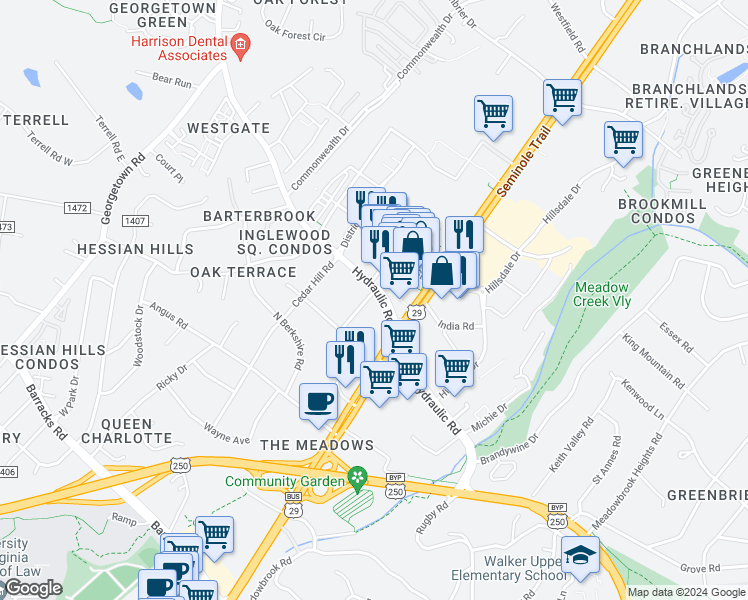map of restaurants, bars, coffee shops, grocery stores, and more near 2115 Hydraulic Road in Charlottesville