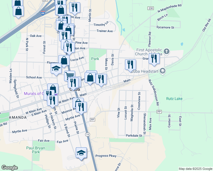 map of restaurants, bars, coffee shops, grocery stores, and more near 704 East Washington Boulevard in Cuba