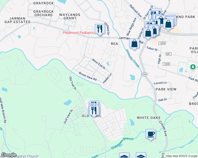 map of restaurants, bars, coffee shops, grocery stores, and more near 5135 Brook View Road in Crozet