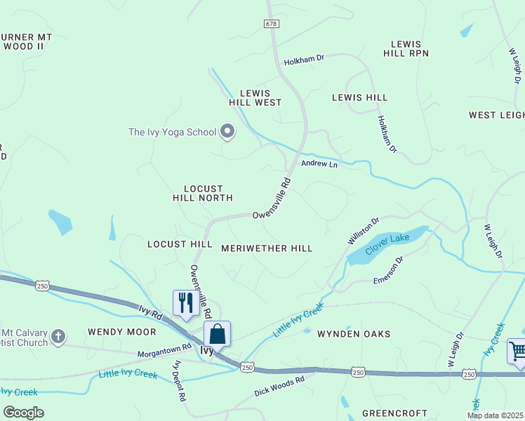 map of restaurants, bars, coffee shops, grocery stores, and more near 984 Owensville Road in Charlottesville