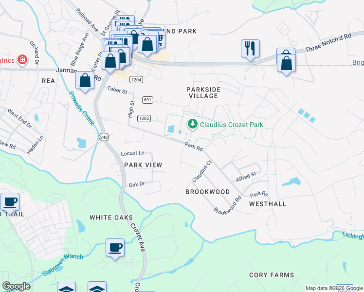 map of restaurants, bars, coffee shops, grocery stores, and more near 5700 Park Road in Crozet