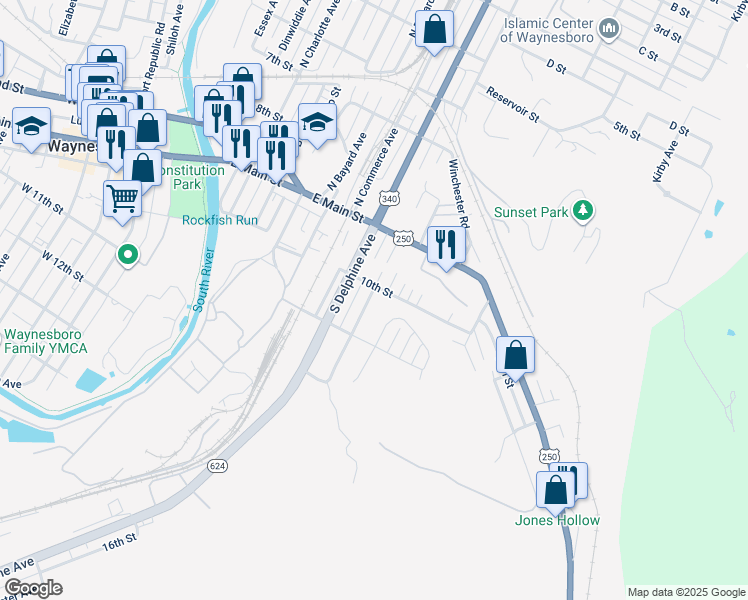 map of restaurants, bars, coffee shops, grocery stores, and more near 208 South Winchester Avenue in Waynesboro