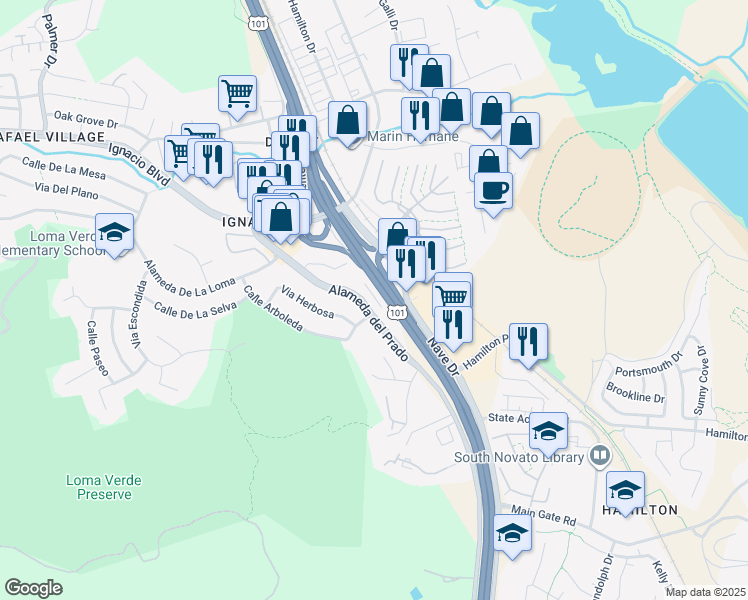map of restaurants, bars, coffee shops, grocery stores, and more near 5821 Nave Drive in Novato