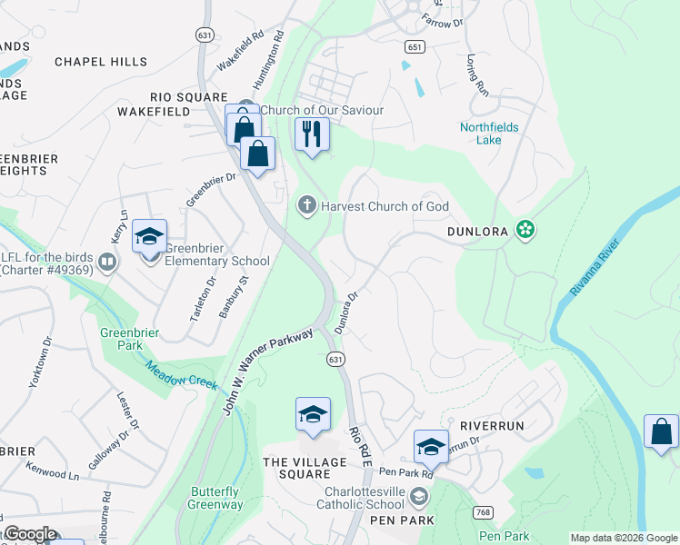 map of restaurants, bars, coffee shops, grocery stores, and more near 1640 Fowler Ridge Court in Charlottesville