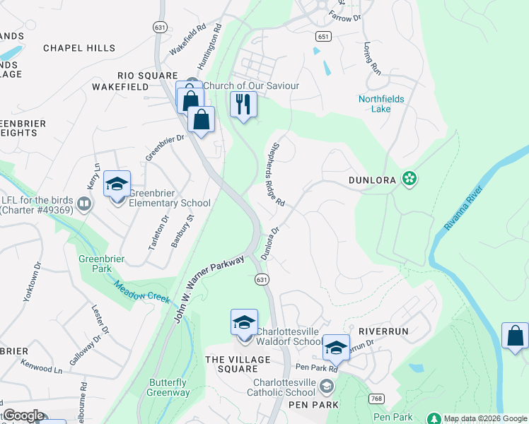 map of restaurants, bars, coffee shops, grocery stores, and more near 1640 Fowler Ridge Court in Charlottesville