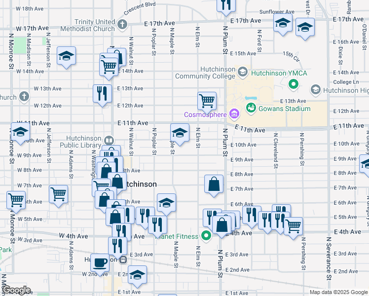 map of restaurants, bars, coffee shops, grocery stores, and more near 300 East 9th Avenue in Hutchinson
