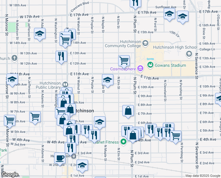 map of restaurants, bars, coffee shops, grocery stores, and more near 300 East 9th Avenue in Hutchinson