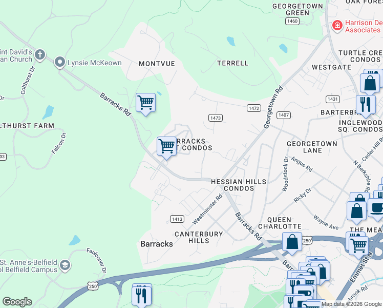 map of restaurants, bars, coffee shops, grocery stores, and more near 1016 Huntwood Lane in Charlottesville