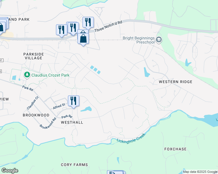 map of restaurants, bars, coffee shops, grocery stores, and more near 985 Park Ridge Drive in Crozet