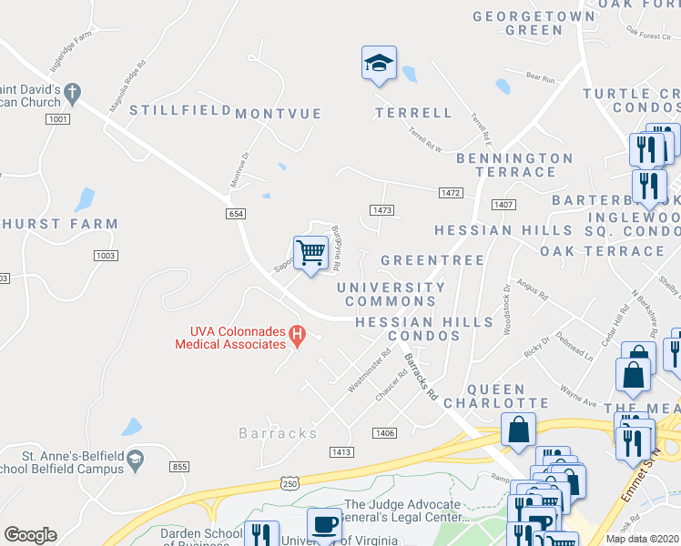 map of restaurants, bars, coffee shops, grocery stores, and more near 2693 Barracks Road in Charlottesville