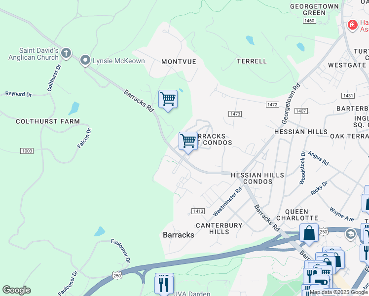 map of restaurants, bars, coffee shops, grocery stores, and more near 210 Saponi Lane in Charlottesville