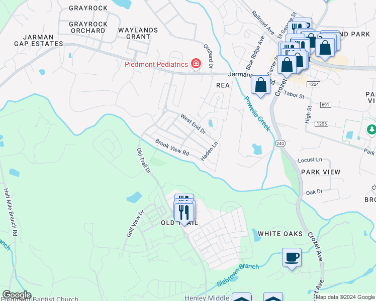 map of restaurants, bars, coffee shops, grocery stores, and more near 5123 Brook View Road in Crozet