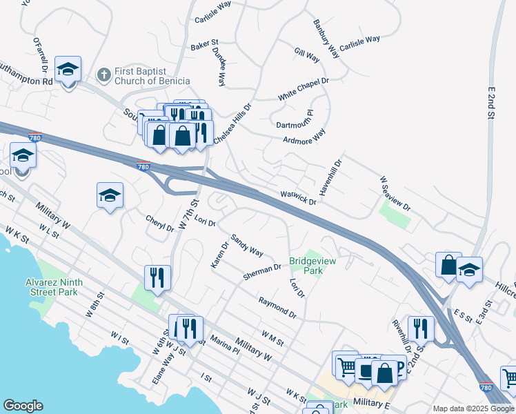 map of restaurants, bars, coffee shops, grocery stores, and more near 527 Lori Drive in Benicia