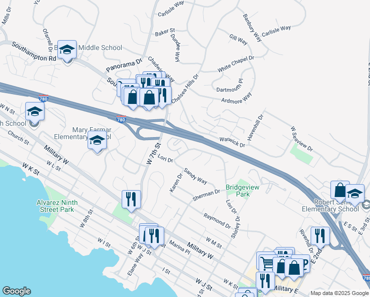 map of restaurants, bars, coffee shops, grocery stores, and more near 565 Lori Drive in Benicia