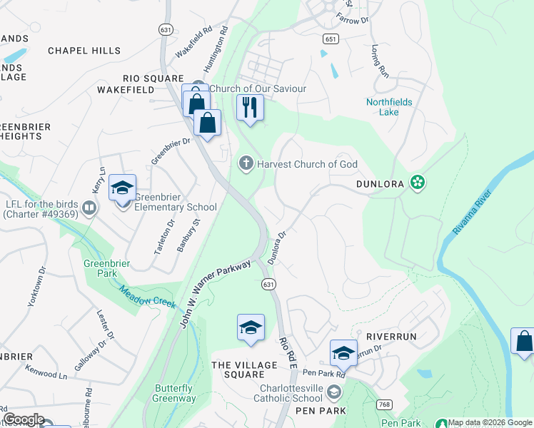 map of restaurants, bars, coffee shops, grocery stores, and more near 1640 Fowler Ridge Court in Charlottesville