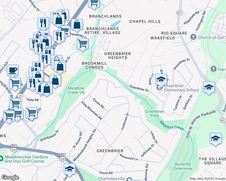 map of restaurants, bars, coffee shops, grocery stores, and more near 1901 Brandywine Drive in Charlottesville