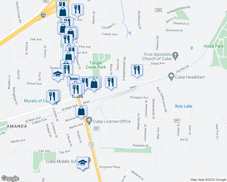 map of restaurants, bars, coffee shops, grocery stores, and more near 704 East Washington Street in Cuba